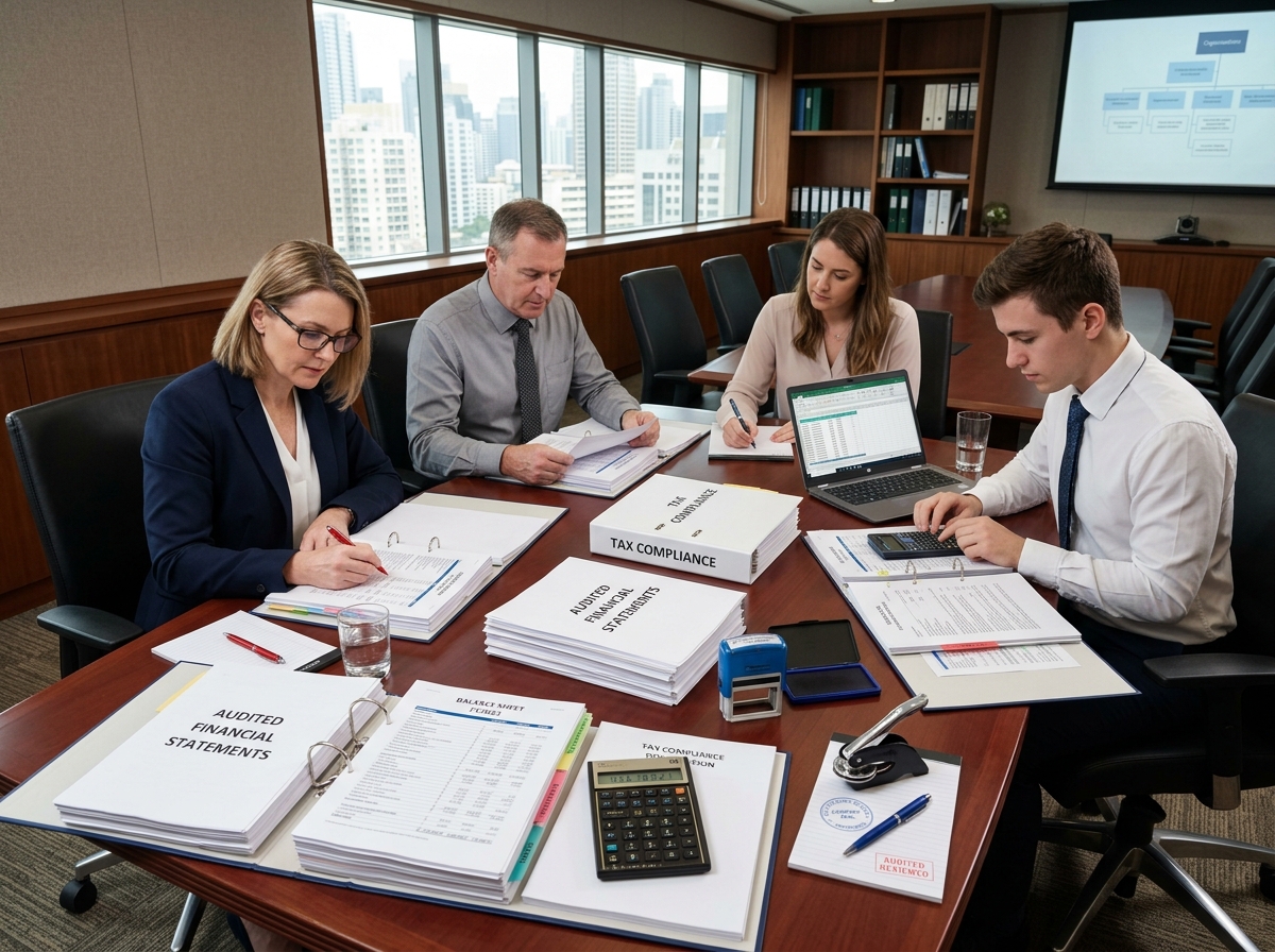 Financial audit team reviewing corporate tax and audit compliance dossiers