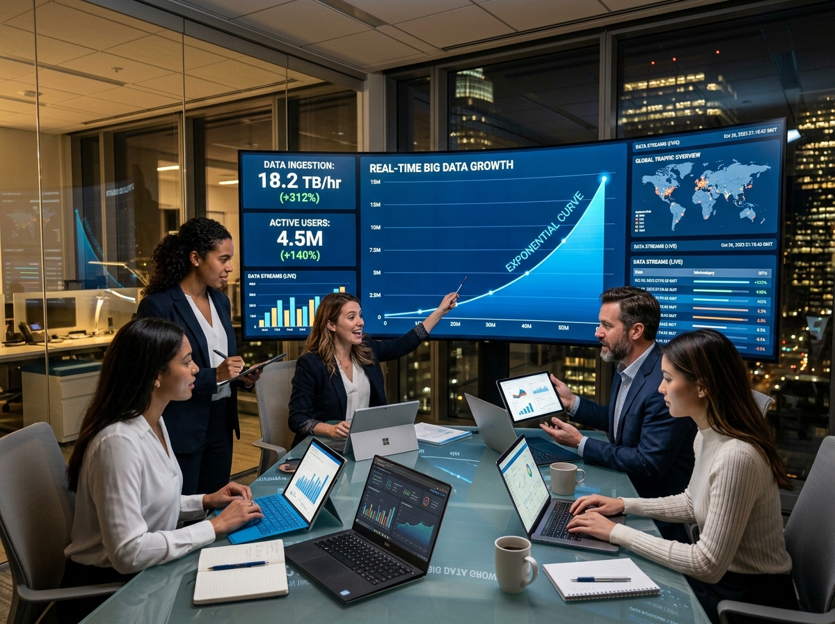 Corporate intelligence analytics team reviewing exponential growth curve on high tech displays