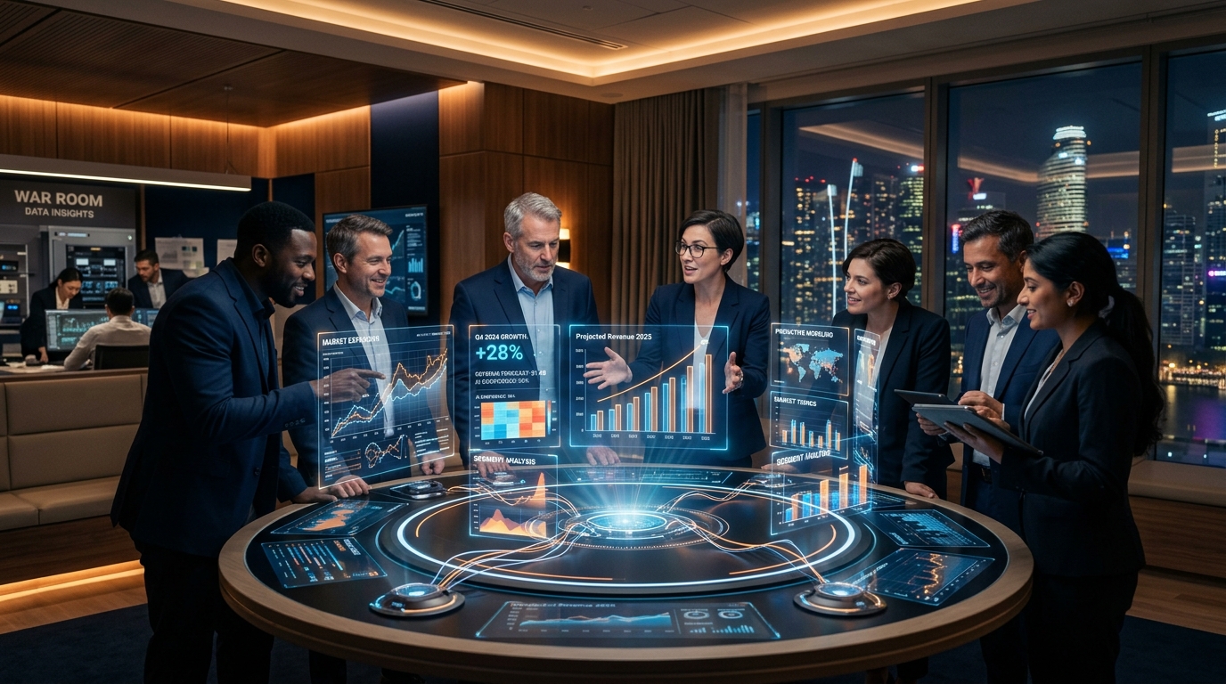 Data Strategists in Modern Digital War-Room Analyzing Predictive Growth